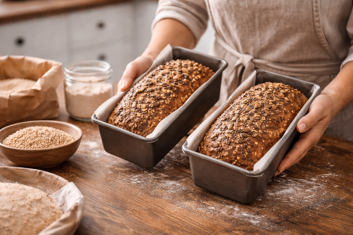 Whole grain sourdough loaves baked in bread tins, topped with seeds, prepared for a sourdough baking class