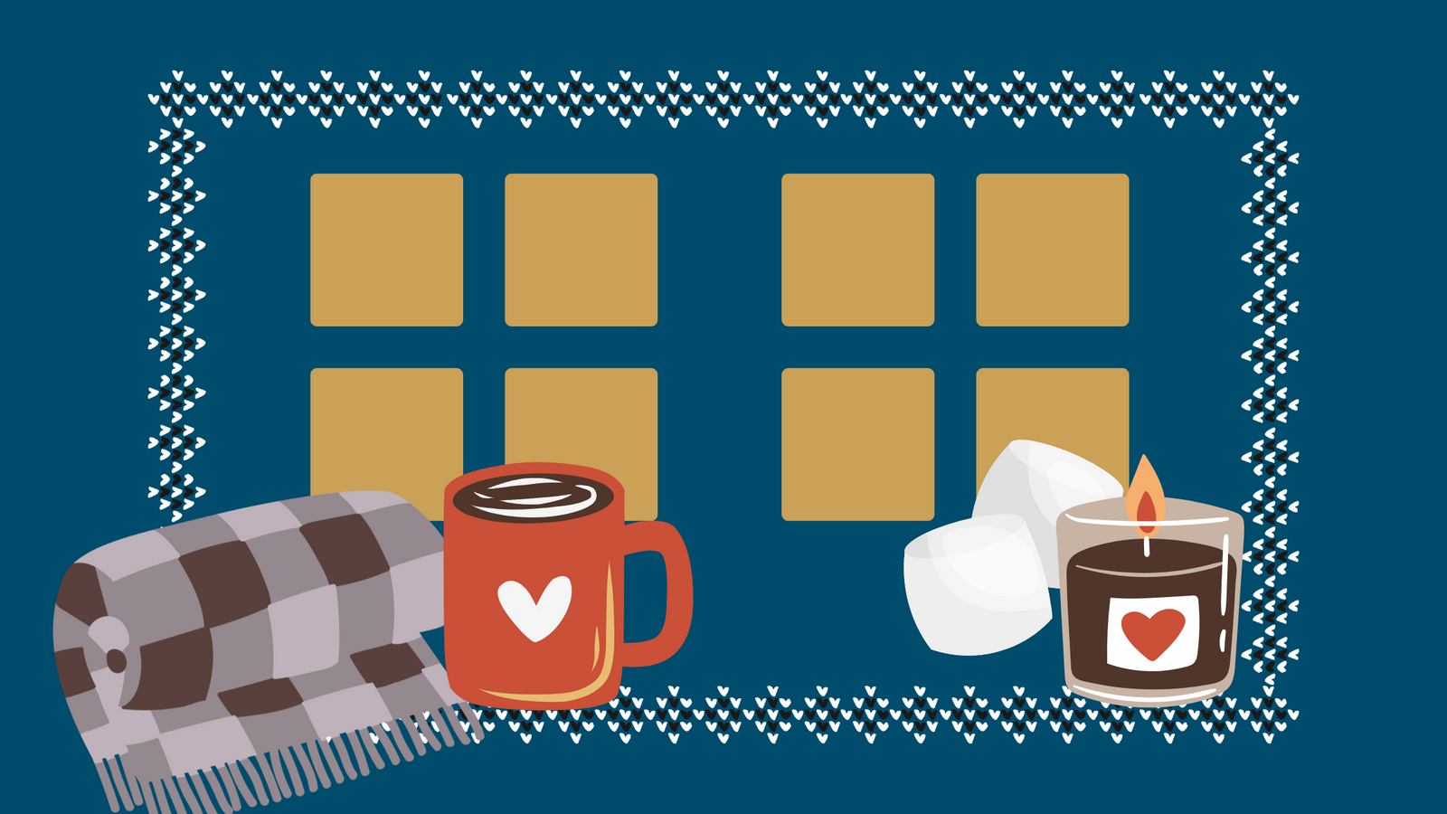 two windows  with a blanket, tea mug and candle on a window seat